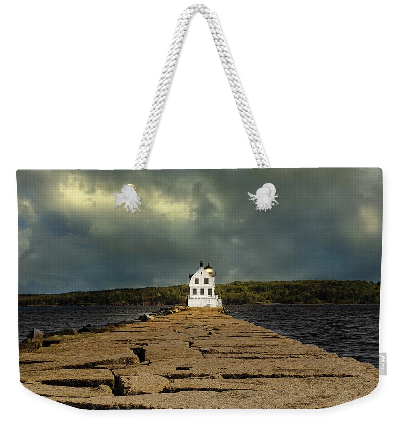 Lighthouse Weekender Tote Bag featuring the photograph Lighthouse on Rockland Breakwater by Ron Long Ltd Photography