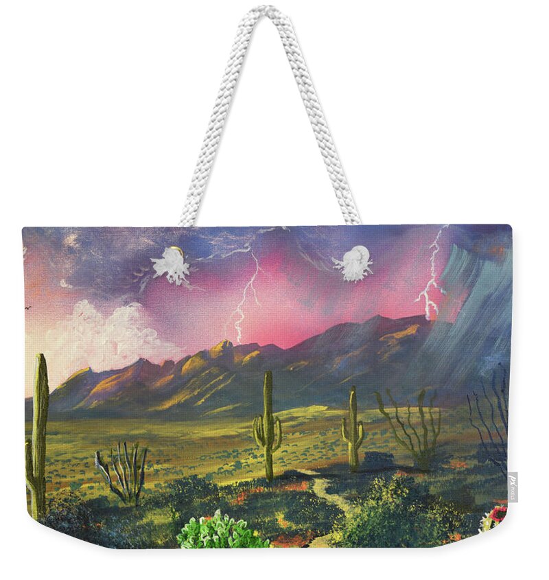 Tucson Weekender Tote Bag featuring the painting Lighting Strikes the Catalina Mountains, Tucson by Chance Kafka