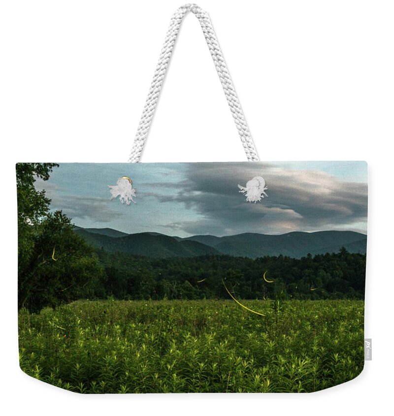 Cades Cove Weekender Tote Bag featuring the photograph Lightning Bugs in the Valley by Eric Albright