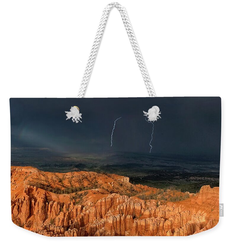 Dave Welling Weekender Tote Bag featuring the photograph Lightning Strikes Over Hoodoos Bryce Canyon National Park by Dave Welling
