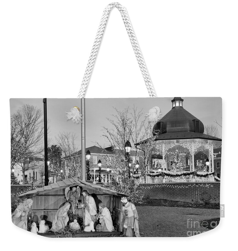 Ligonier Weekender Tote Bag featuring the photograph Ligonier PA Town Square Manger Scene Black And White by Adam Jewell