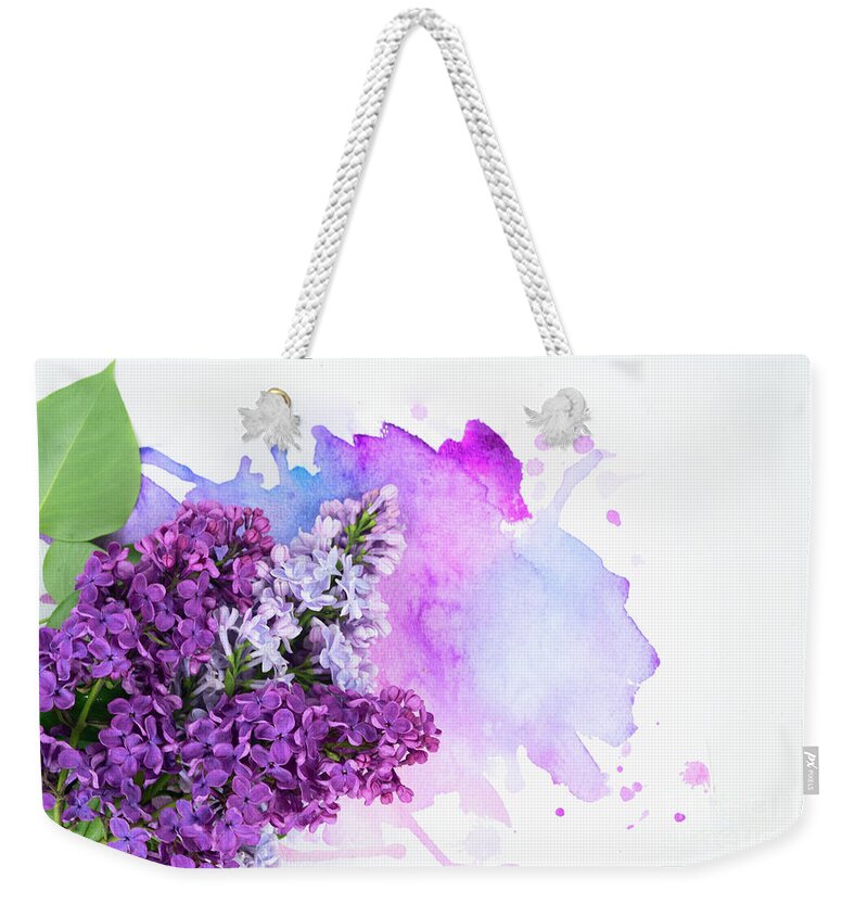 Lilac Weekender Tote Bag featuring the photograph Lilac flowers on watercolor by Anastasy Yarmolovich