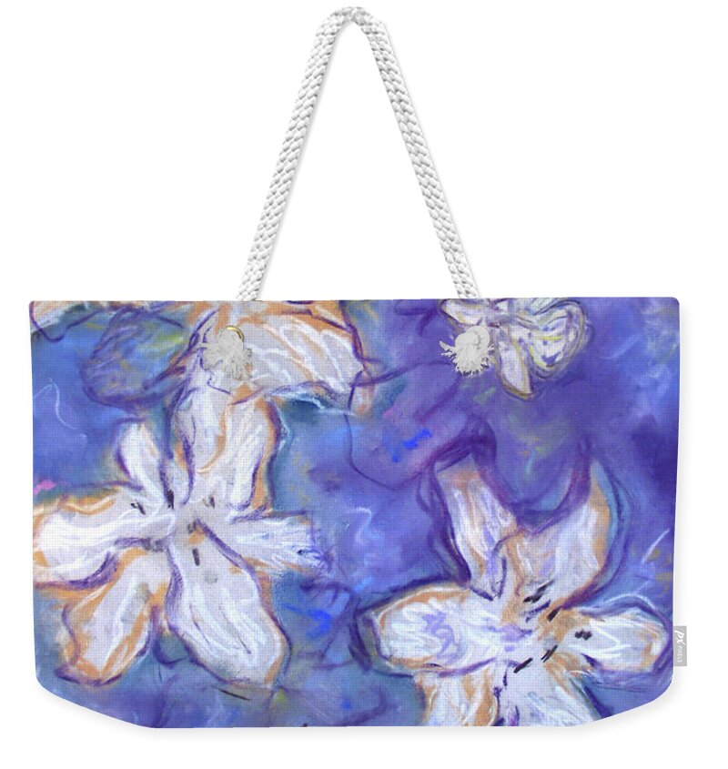 Semiabstract Floral Weekender Tote Bag featuring the painting Lilies Floating in Blue by Studio Tolere