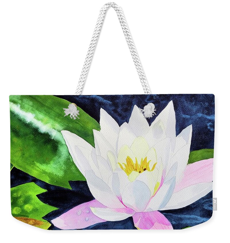 White Flower Weekender Tote Bag featuring the painting Lilly Pad Flower by Ann Frederick