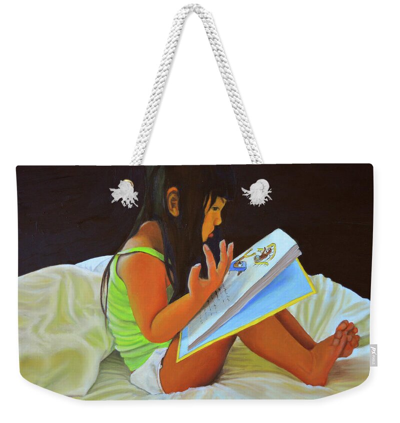 Oil Painting Weekender Tote Bag featuring the painting Lilo and Curious George by Thu Nguyen