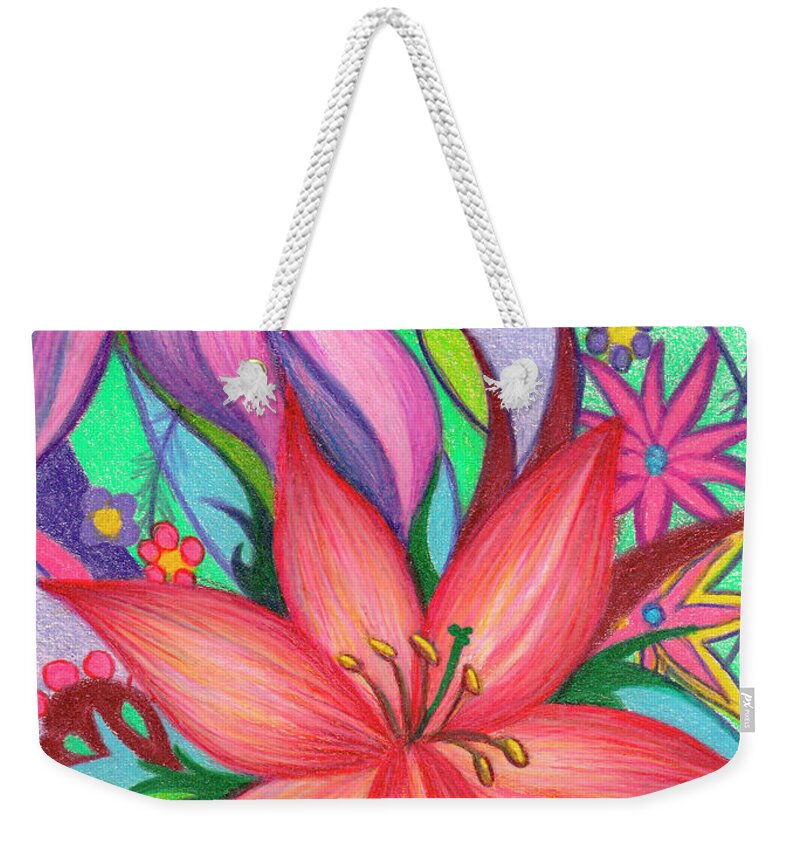 Colored Pencil Weekender Tote Bag featuring the drawing Lily Joy by Nancy Cupp