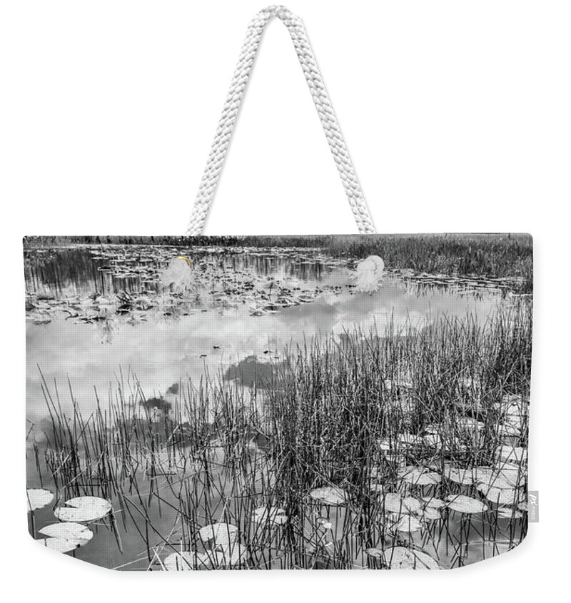 Clouds Weekender Tote Bag featuring the photograph Lily Pads Floating on the Glades in Black and White by Debra and Dave Vanderlaan