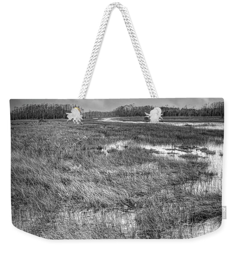 Clouds Weekender Tote Bag featuring the photograph Lily Pads in the Glades in Black and White by Debra and Dave Vanderlaan