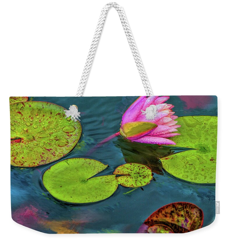 Pink Flower Weekender Tote Bag featuring the photograph Lily Pads in the Rain With Pink Flower by Cordia Murphy