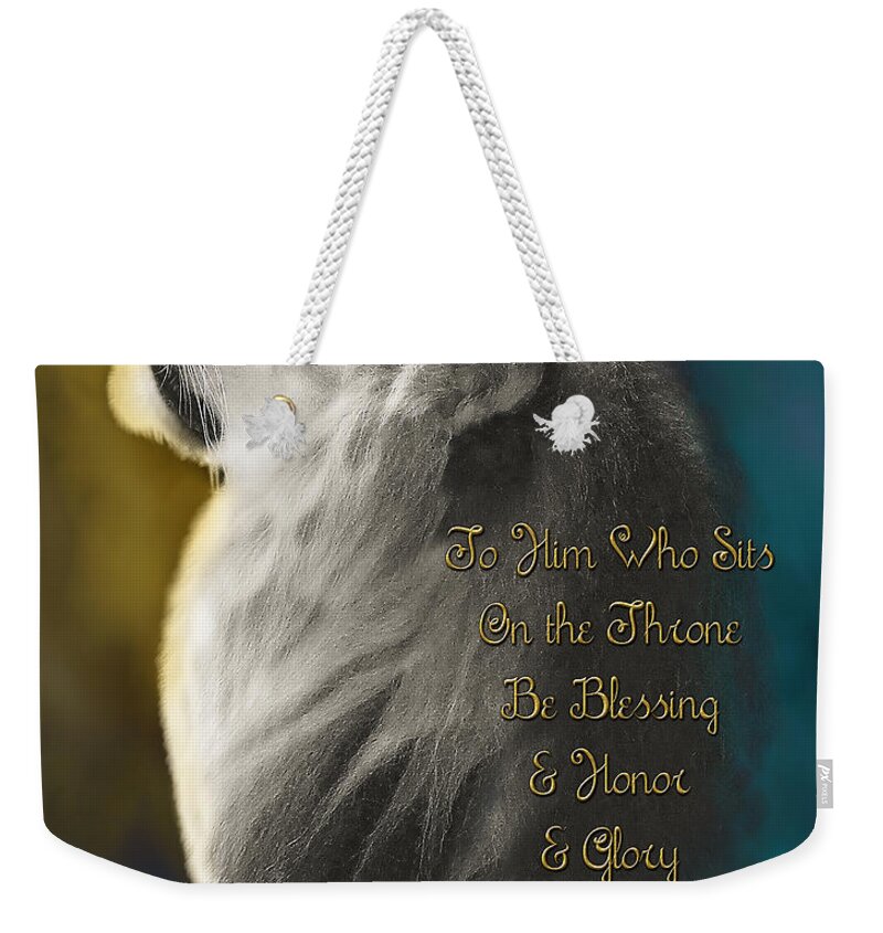 Lion; Judah; Worship; Prophetic; Revelation; Jesus; Christ; Throne; Adoration; Praise; Father; Abba; Lion Of Judah Art Weekender Tote Bag featuring the painting Lion On The Throne in Aqua by Constance Woods