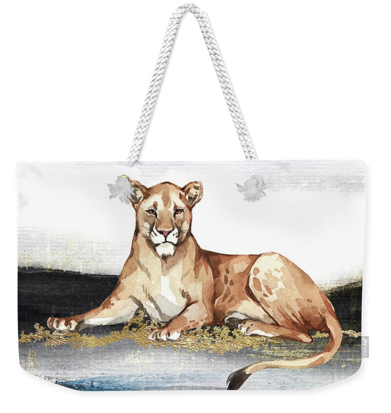 Lioness Weekender Tote Bag featuring the painting Lioness Watercolor Animal Art Painting by Garden Of Delights