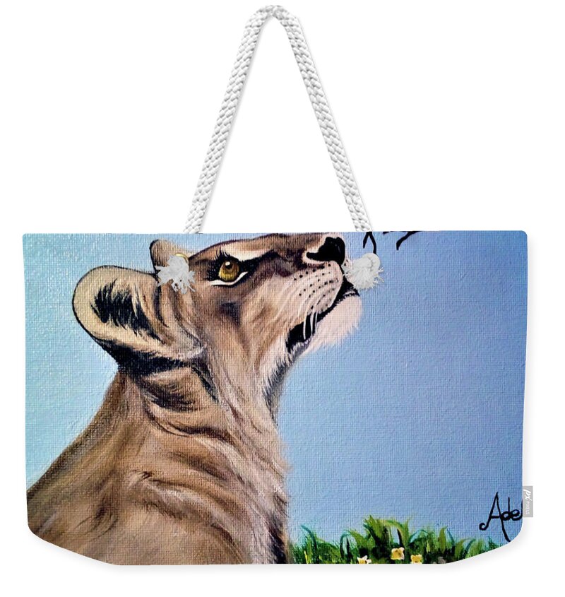 Lion Weekender Tote Bag featuring the painting Lions Summer Day by Adele Moscaritolo