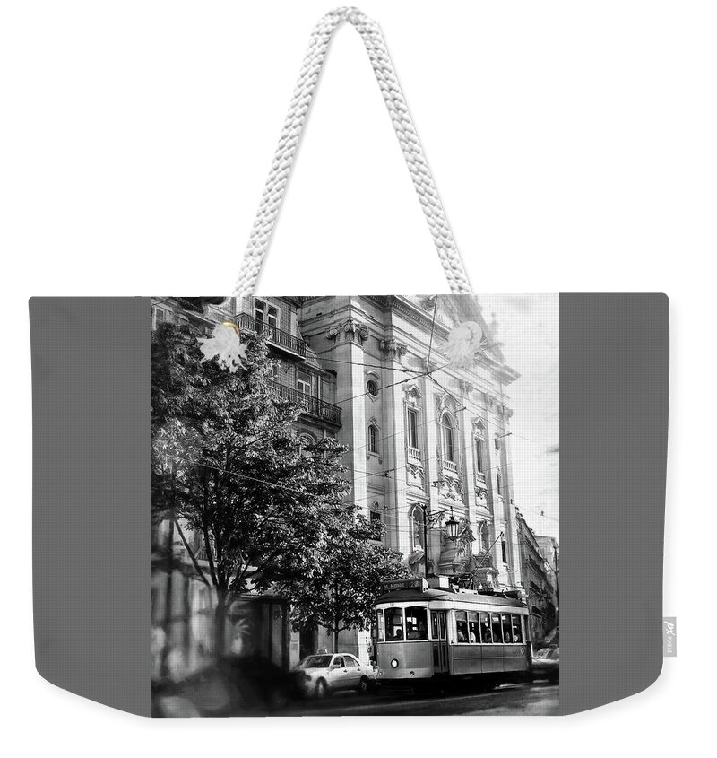 Lisbon Weekender Tote Bag featuring the photograph Lisbon City Tram 28 Black and White by Carol Japp