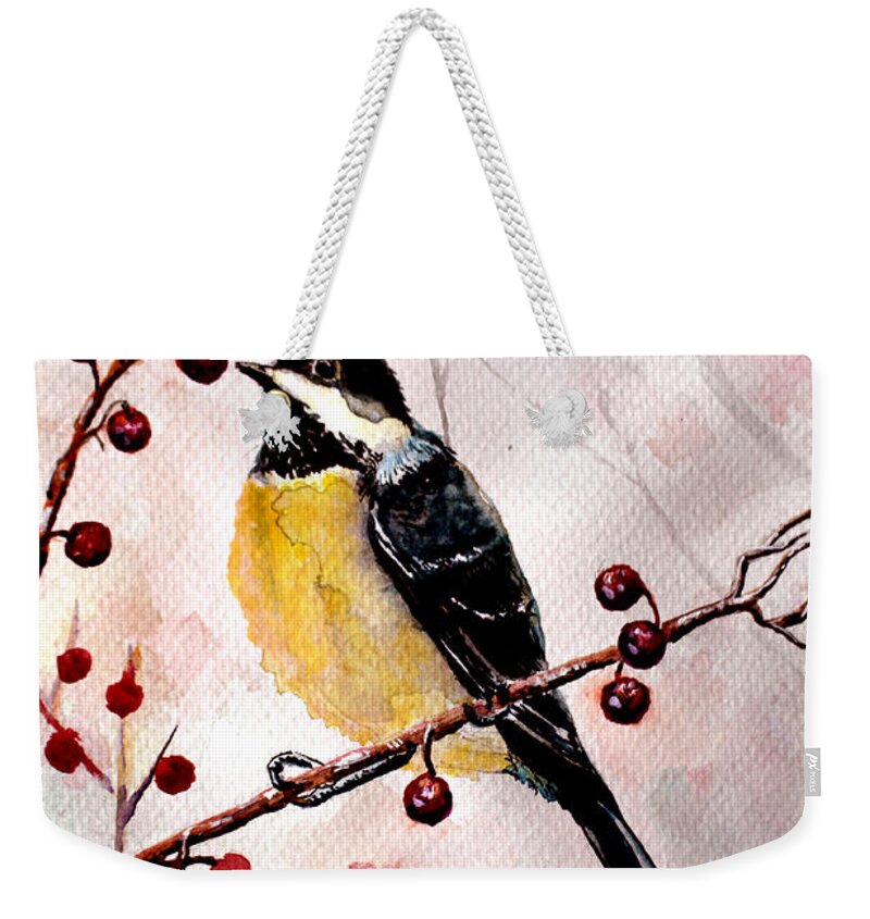 Watercolor Weekender Tote Bag featuring the painting Little Bird 2 by Medea Ioseliani