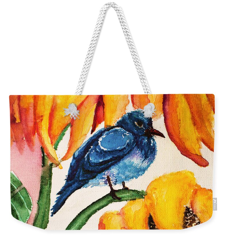 Watercolor Weekender Tote Bag featuring the painting Little Bird 9 by Medea Ioseliani