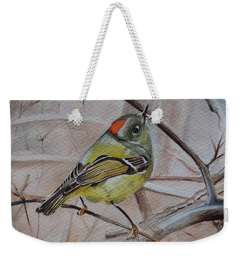 Bird Weekender Tote Bag featuring the painting Little bird resting on a branch by Carolina Prieto Moreno