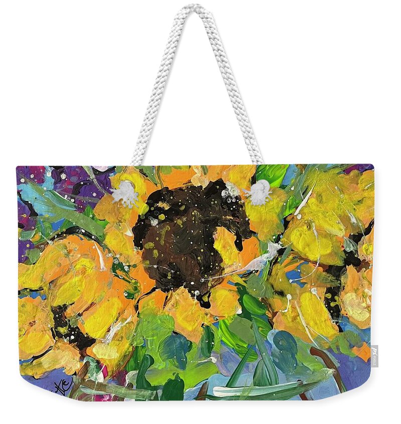 Sunflowers Weekender Tote Bag featuring the painting Little bowl of Sunshine by Elaine Elliott