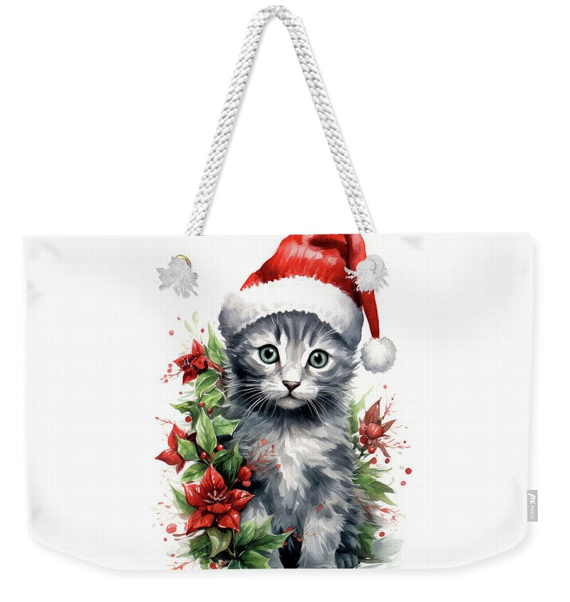 #faaadwordsbest Weekender Tote Bag featuring the painting Little Christmas Kitten by Tina LeCour