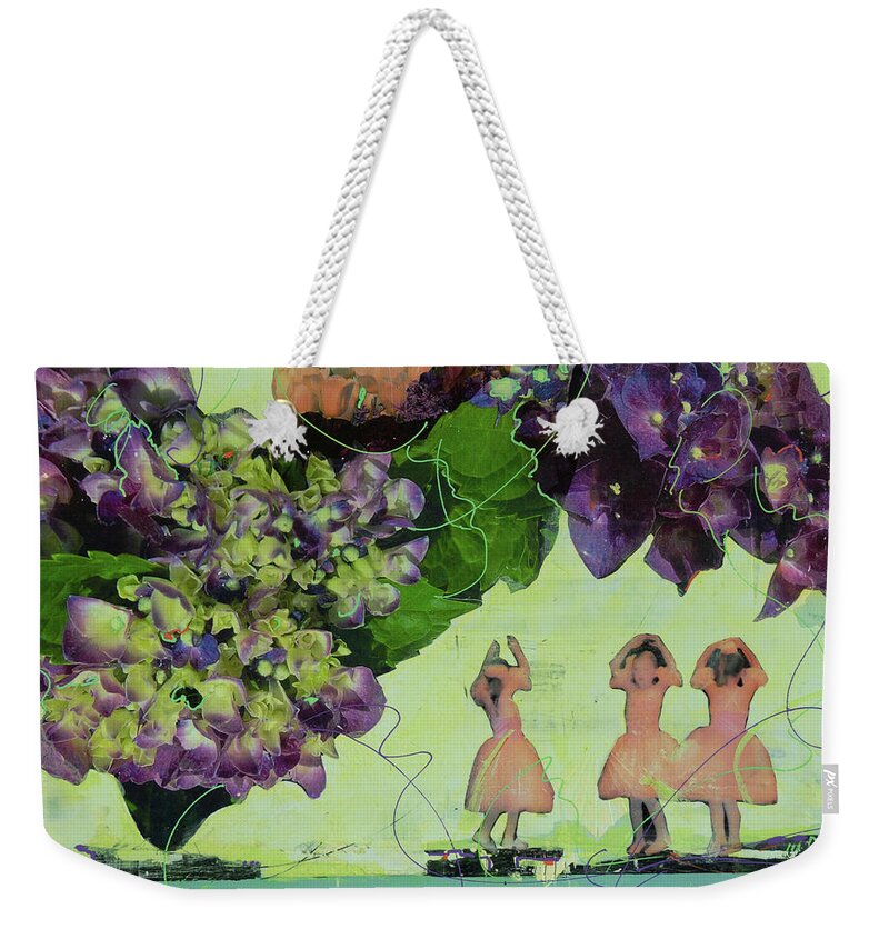 Christie Kowalski Weekender Tote Bag featuring the mixed media Little Dancers In The Enchanted Garden by Christie Kowalski
