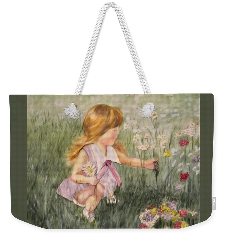 Little Girl Painting Weekender Tote Bag featuring the mixed media Little Girl Picking Flowers by Kelly Mills