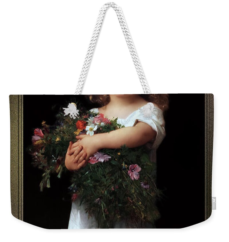 Little Girl With Flowers Weekender Tote Bag featuring the painting Little Girl With Flowers by William-Adolphe Bouguereau by Rolando Burbon