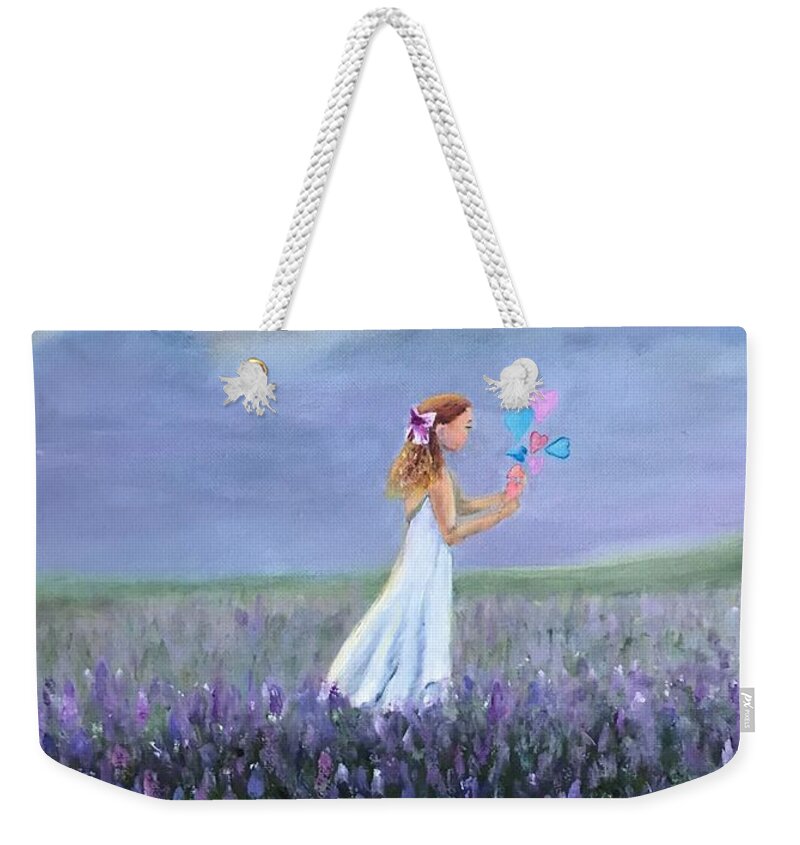 Girl Weekender Tote Bag featuring the painting Little Girls, Hearts and Flowers by Deborah Naves