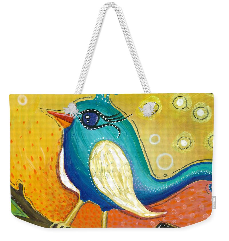 Jay Bird Weekender Tote Bag featuring the painting Little Jay Bird by Tanielle Childers