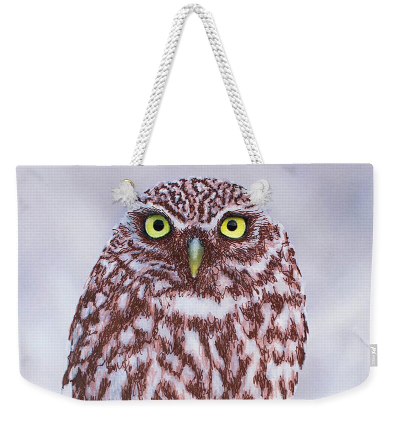 Little Owl Weekender Tote Bag featuring the mixed media Little Owl, mixed media. by Tony Mills