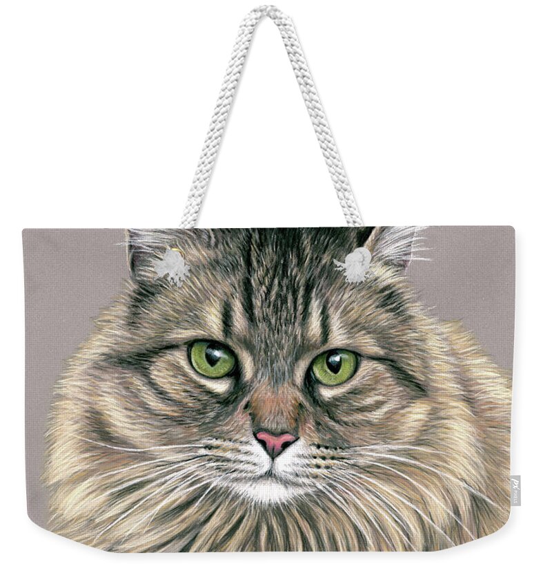 Cat Weekender Tote Bag featuring the drawing Little Paul - Brown Tabby Cat by Rebecca Wang