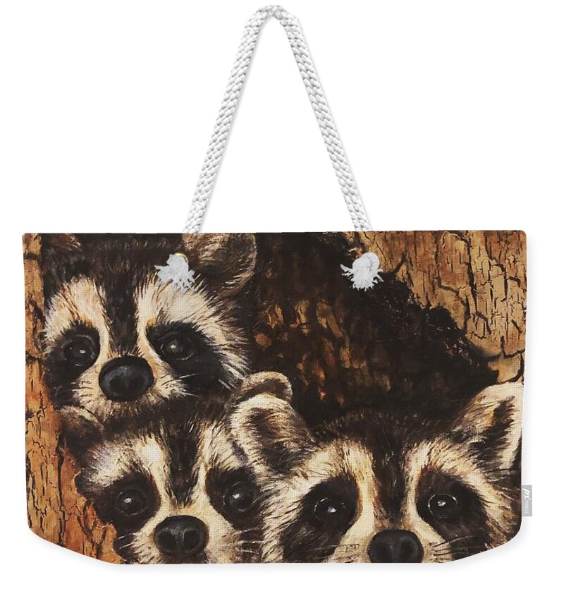 Racoons Weekender Tote Bag featuring the painting Little Rascals by Barbara Landry