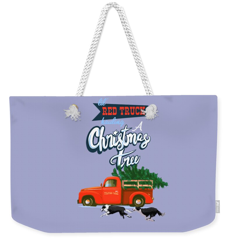 Little Red Truck Hauling A Christmas Tree Weekender Tote Bag featuring the painting Little Red Truck Hauling a Christmas Tree by Sassan Filsoof