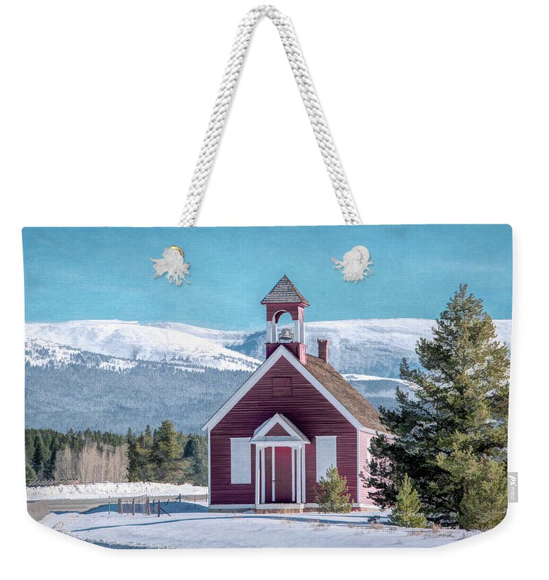 Colorado Weekender Tote Bag featuring the photograph Little Schoolhouse in the Shadow of the Rockies by Marcy Wielfaert
