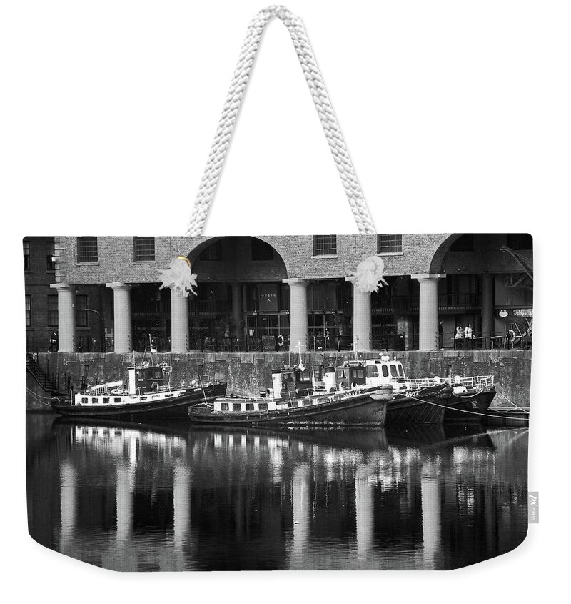 Liverpool Weekender Tote Bag featuring the photograph LIVERPOOL. Albert Dock Moored Boats B. by Lachlan Main