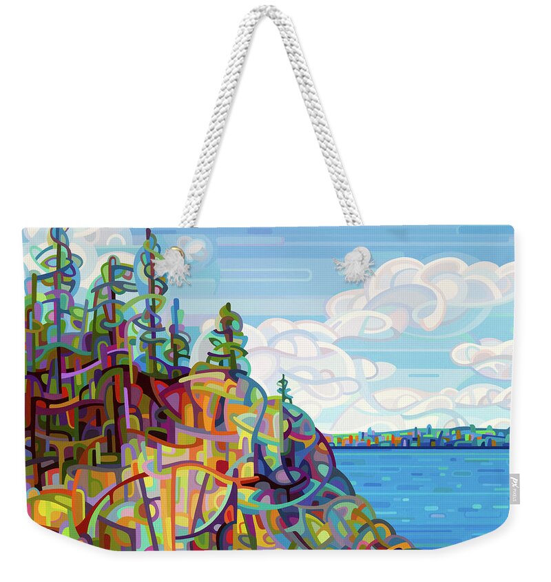 Summer Lake Weekender Tote Bag featuring the painting Living on the Edge by Mandy Budan