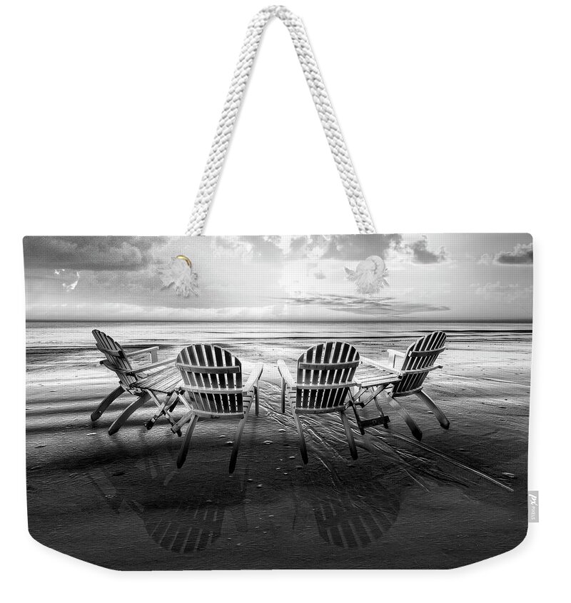 Black Weekender Tote Bag featuring the photograph Living the Beach Life Black and White by Debra and Dave Vanderlaan
