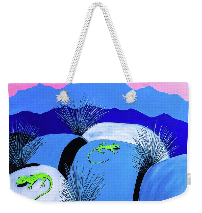 Southwest Weekender Tote Bag featuring the painting Lizards at home by Ted Clifton