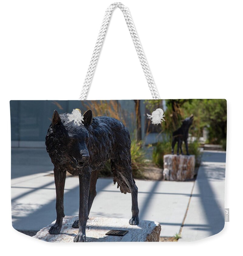 New Mexico Weekender Tote Bag featuring the photograph Lobo statue on the campus of the University of New Mexico by Eldon McGraw