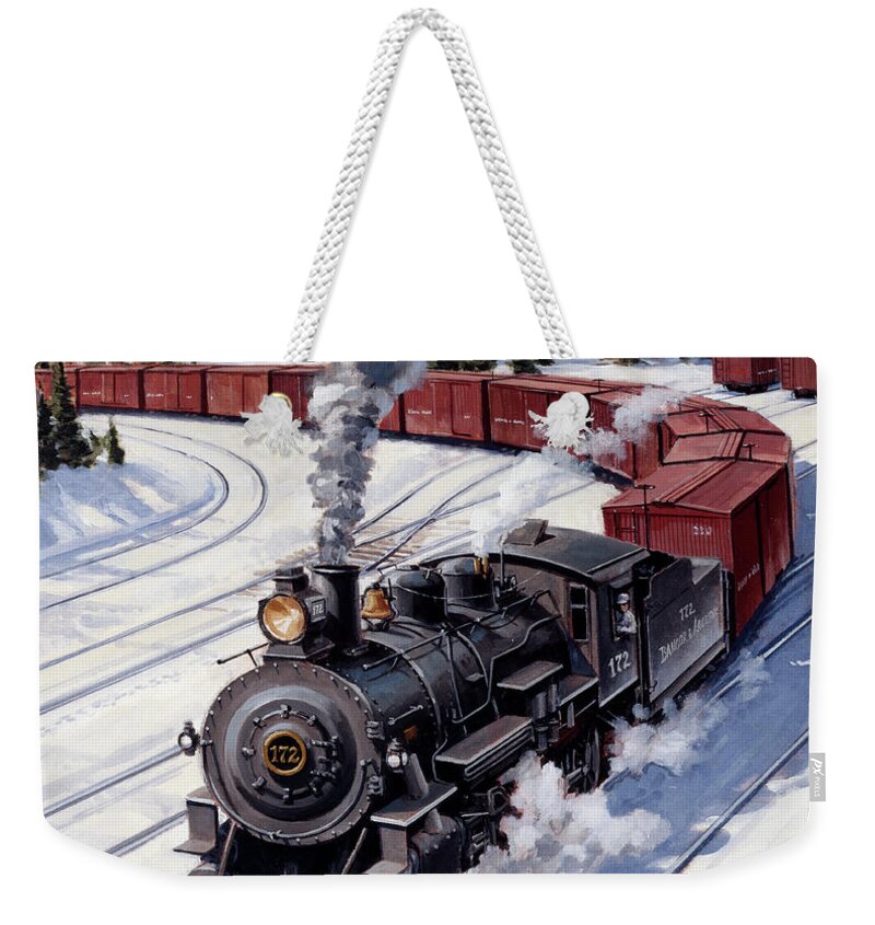 J Craig Thorpe Weekender Tote Bag featuring the painting Locomotives - Maine's Bangor And Aroostook Railroad 2-8-0 Type Engine Number 172 by J Craig Thorpe