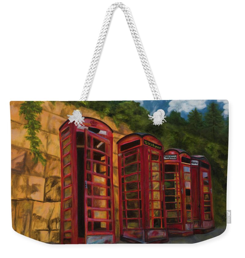 Art Weekender Tote Bag featuring the painting London Phone Booths by Tammy Pool