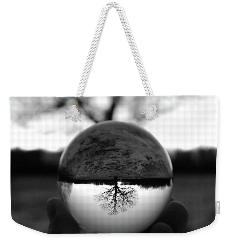 Bare Tree Weekender Tote Bag featuring the photograph Lone Tree Lensball B W by David T Wilkinson
