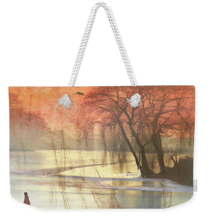 Winter Scene Weekender Tote Bag featuring the digital art Lone Winter Skating by Cathy Anderson