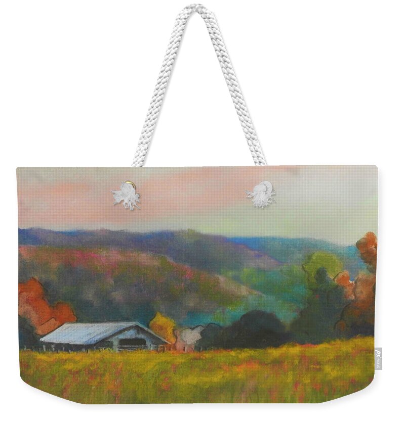 Barns Weekender Tote Bag featuring the pastel Long Barn in the Meadow by Marcus Moller