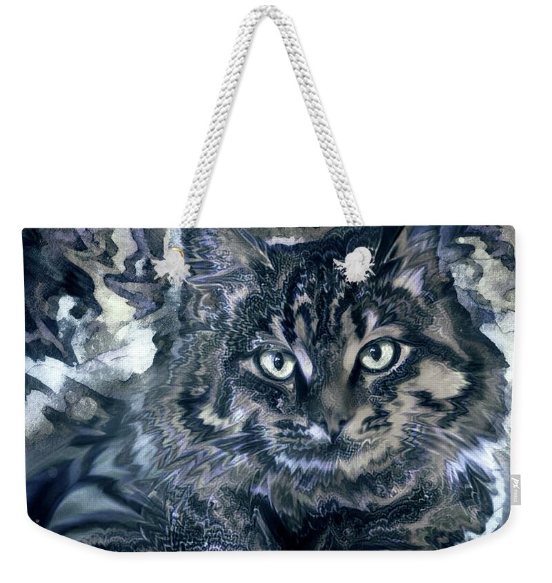 Tabby Cat Weekender Tote Bag featuring the digital art Long Haired Tabby Cat - Monotone by Peggy Collins