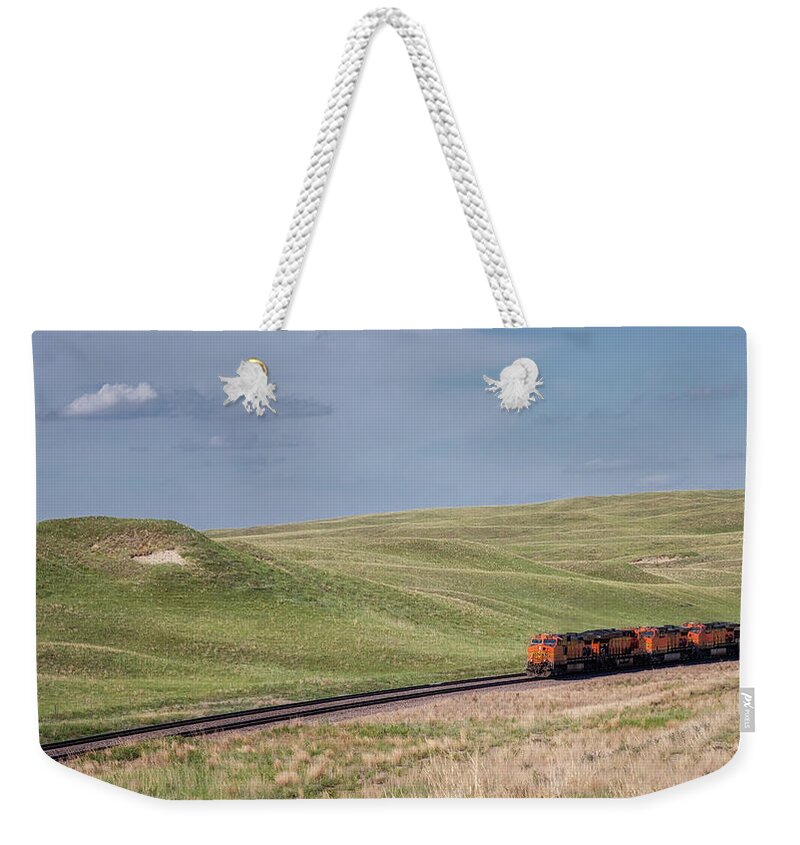 Nebraska Sandhills Weekender Tote Bag featuring the photograph Long Train a Coming -Sandhills Journey by Susan Rissi Tregoning