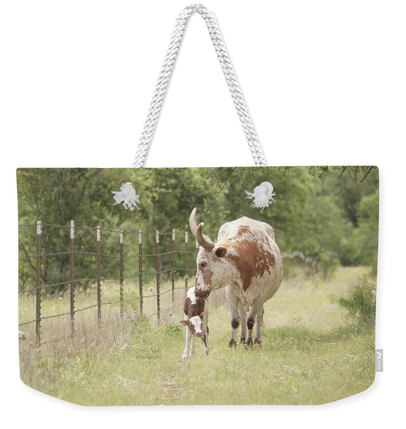 Wall Art Weekender Tote Bag featuring the photograph Longhorn cow, Princess Lea with her new calf by Cathy Valle
