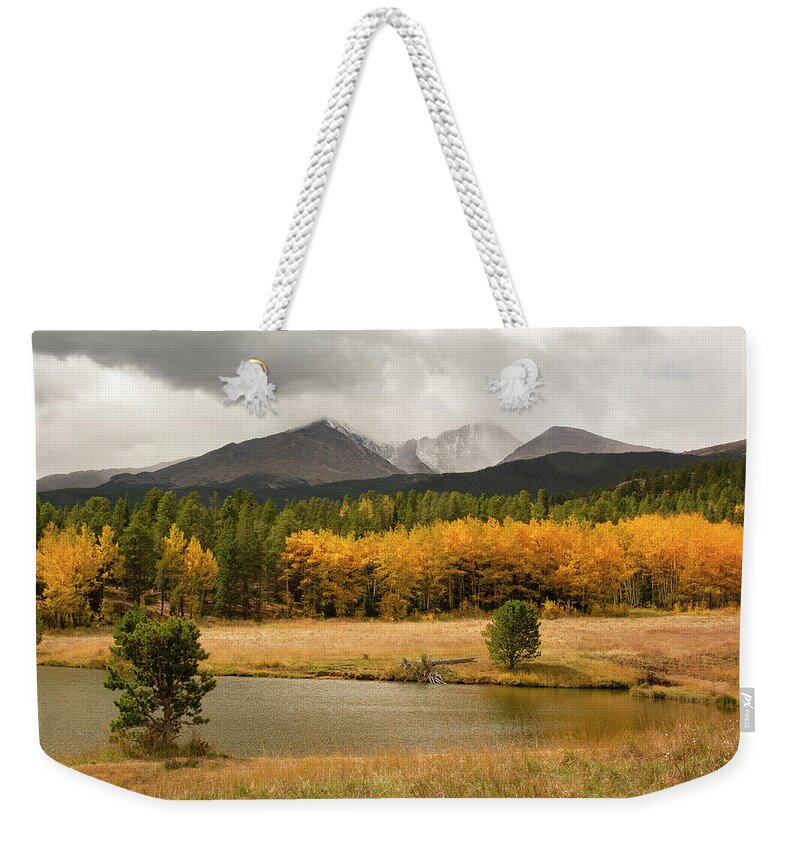  Weekender Tote Bag featuring the photograph Longs Peak Autumn Snow Dusting by Aaron Spong