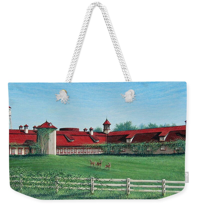 Architectural Landscape Weekender Tote Bag featuring the painting Longview Farm Dairy Barn by George Lightfoot