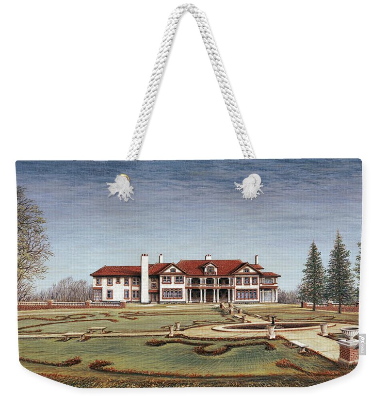 Architectural Landscape Weekender Tote Bag featuring the painting Longview Farm Mansion and Gardens by George Lightfoot