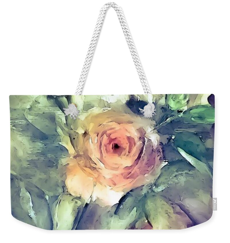 Morning Weekender Tote Bag featuring the painting Looking Down on Morning Roses by Lisa Kaiser
