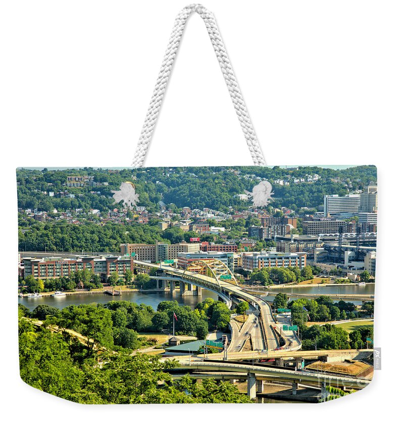 Pittsburgh Weekender Tote Bag featuring the photograph Looking Out Over The Pittsburgh Fort Duquesne Bridge by Adam Jewell